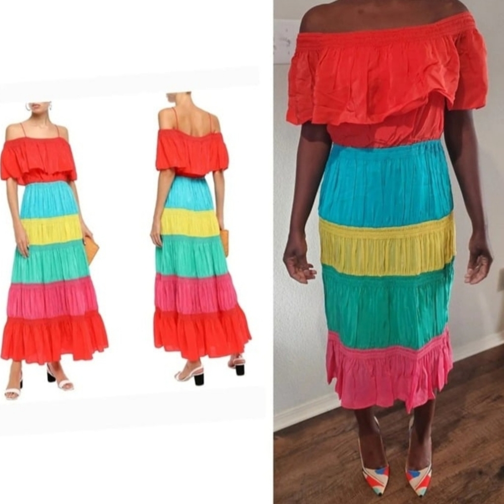 Alice + Olivia Kia Smocked Rainbow Cold-Shoulder Dress Size 10 - Picture 6 of 12